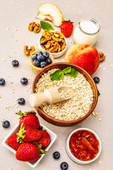 Cereal and various delicious ingredients for breakfast
