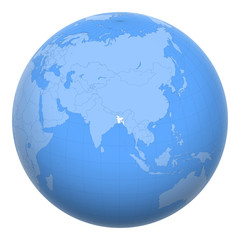 Bangladesh on the globe. Earth centered at the location of the People's Republic of Bangladesh. Map of Bangladesh. Includes layer with capital cities.