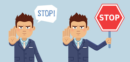 Illustration of a businessman showing stop hand gesture. Confident, serious businessman, warning. Emoticon, emoji, emotion, facial expression. Flat style vector illustration