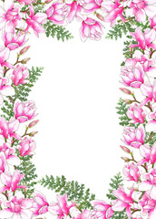Watercolor botanical illustration. Pink magnolias. Wedding invitation. Greeting card. Set of wedding design.