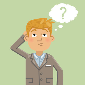 Illustration of a thinking man. Thoughtful businessman looking up at question mark and making decision. Emoticon, emoji, facial expression. Simple style vector illustration