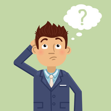 Illustration of a thinking man. Thoughtful businessman looking up at question mark and making decision. Emoticon, emoji, facial expression. Simple style vector illustration