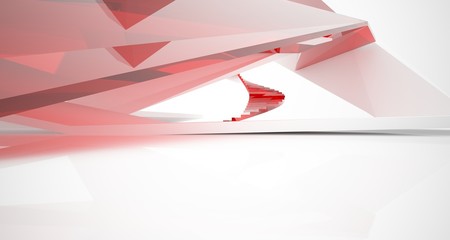 Abstract architectural glass red color interior of a minimalist house with large windows.. 3D illustration and rendering.