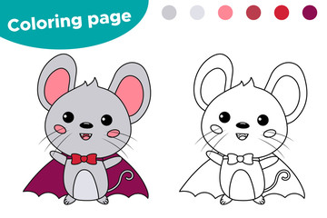 Coloring page for kids. Cute cartoon kawaii mouse dressed up in vampire costume. Halloween party. Outline.