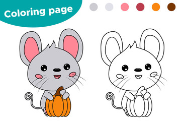 Coloring page for children. Cute kawaii mouse with pumpkin. Halloween holiday. Cartoon character. Outline. Vector illustration.