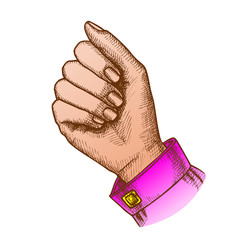 Color Girl Hand Gesture Holding Umbrella Sign Ink Vector. Woman Arm In Fist Looks Like Holding Stick. Female Fingers And Nails Designed In Vintage Style Closeup Illustration