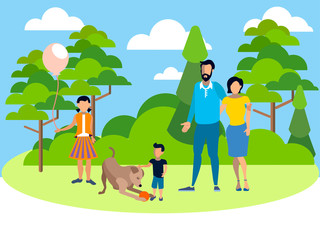 Obraz na płótnie Canvas Family on holiday in the park with a dog. In minimalist style. Flat isometric raster