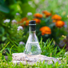 Obraz na płótnie Canvas Clear water in a flask on the lawn in flowers. Water sample for environmental experiment. Summer season.