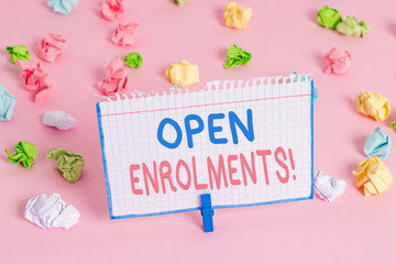 Text sign showing Open Enrolments. Business photo showcasing when employees may make changes to...