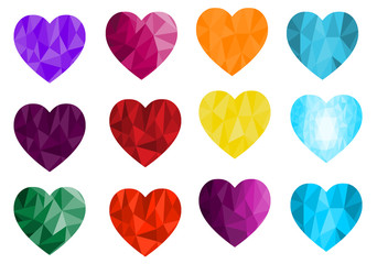 Collection of 12 polygonal bright halftone hearts. Jewelry heart stones. Valentine's day decoration elements. Usable for cards, invitations, posters, banners, diary etc. Vector illustration.