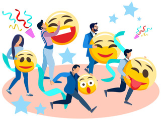 Naklejka premium People run with smiles in their hands. In minimalist style Cartoon flat raster