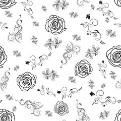 Delicate decorative swirly floral pattern with roses background. 