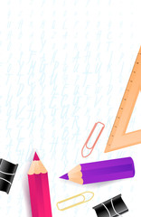 Back to school sale banner, poster background. Place for text, multicolor pencils and other school supplies on notebook sheet. Layout for discount labels, flyers and shopping