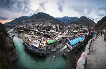 Swat river passing through village of Bahrain in Swat Valley Pakistan