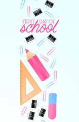 Back to school sale banner, poster background. Place for text, multicolor pencils and other school supplies on notebook sheet. Layout for discount labels, flyers and shopping