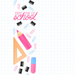 Back to school sale banner, poster background. Place for text, multicolor pencils and other school supplies on notebook sheet. Layout for discount labels, flyers and shopping