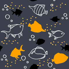 Seamless cartoon pattern with orange and white fish and bubbles. 