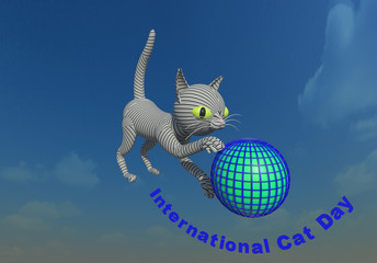 International Cat Day 3D illustration. A cat character playing with the globe, perspective view, sky background. Collection.