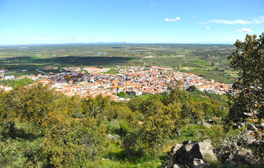 Fototapeta na wymiar Panoramic view of Alcuéscar in the Way to Santiago (Via de la Plata) at province of Cáceres Extremadura Spain. Via de la Plata is St. James Way (Camino de Santiago) from Seville to Santiago