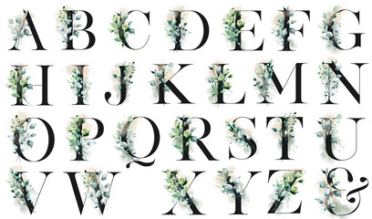 Floral alphabet, letters set with watercolor flowers and leaf. Monogram initials perfectly for wedding invitations, greeting card, logo, poster and other design. Holiday decoration hand painting.  © Larisa