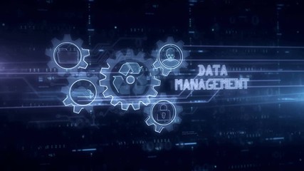 Data management symbol hologram 3d animation. Modern concept of files storage, cyber security, computer using and digital technology on blue digital background.