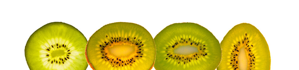 Four delicious fresh green and golden kiwifruit slices isolated at white background, closeup,...