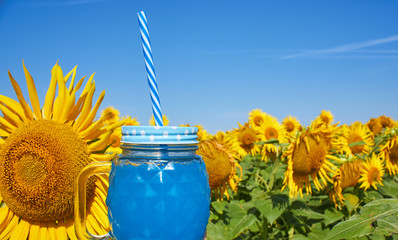 A glass of blue drink with straws among blooming yellow sunflowers. Field of sunflowers against the sky. Summer time