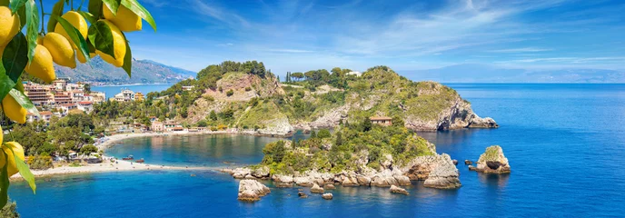 Foto op Plexiglas Panoramisch uitzicht op Isola Bella, klein eiland in de buurt van Taormina, Sicilië, Italië © IgorZh