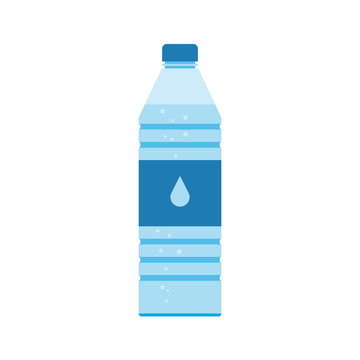 Plastic bottle with label and symbol of drop water. Abstract concept, icon.