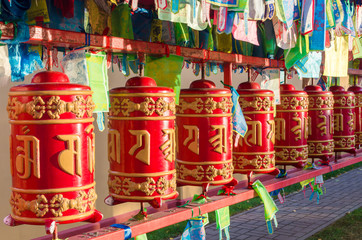 Buddhist prayer wheels in Buddhist Temple Datsan Gunzechoyney