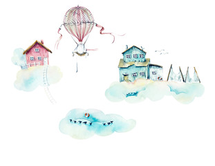 Cloudy village. Watercolor hand drawn illustrations