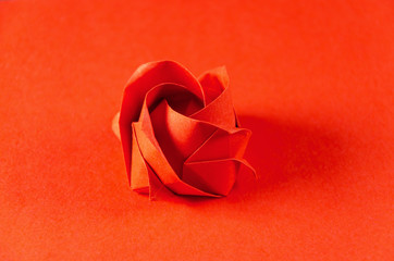 Red origami rose on red background. Japanese art of paper folding. Flat square sheet of paper...