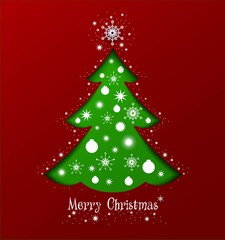 Vector Illustration - Christmas Red Greeting Card. with green tree