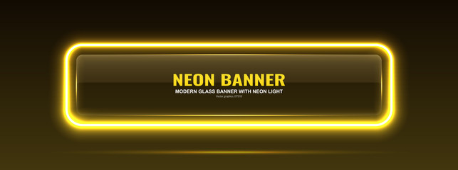 Rectangular glass banner. Transparent billboard with neon lights. Vector illustration.