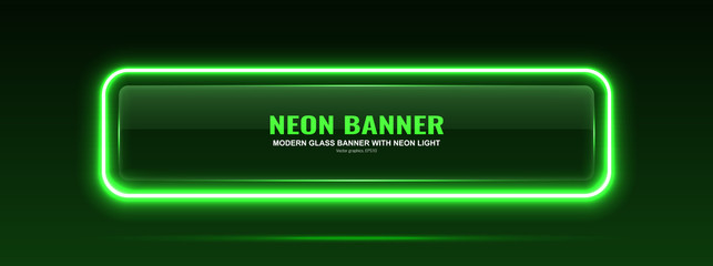 Rectangular glass banner. Transparent billboard with neon lights. Vector illustration.