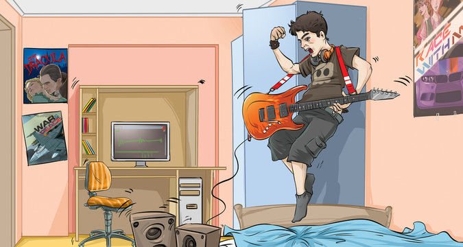 young man plays electric guitar in room