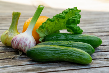 Set of various fresh vegetables on wooden garden table - healthy ingredients for  food preparation - cucumber, yellow tomato, onion, garlic, basil leaf.