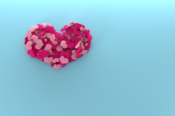 3D pink and lilac hearts lying in the shape of a big heart on a blue background, top view. Concept of love: Holiday Valentine’s Day abstract backdrop. 