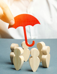Boss defending his team with a gesture of protection. Life insurance. Customer care, care for...