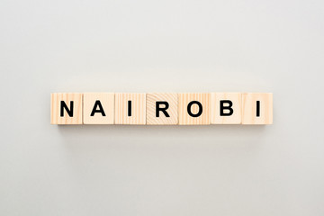 top view of wooden blocks with Nairobi lettering on white background