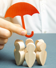 Boss defending his team with a gesture of protection. Life insurance. Customer care, care for...