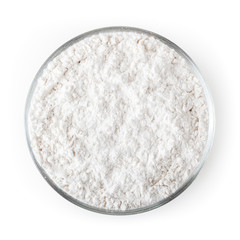 Wheat flour in glass bowl isolated on white background with clipping path