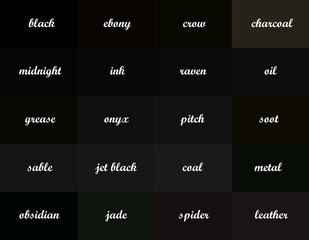 Colored background. Twenty shades of the primary color. Black. With the names. Interior. Twenty shades of black on one sheet.