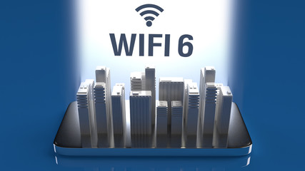 3D rendering  building on mobile phone for wifi 6 concept.