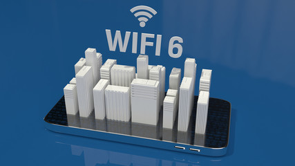 3D rendering  building on mobile phone for wifi 6 concept.
