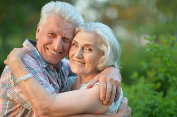 Beautiful senior couple hugging in the summer park