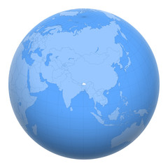Bhutan on the globe. Earth centered at the location of the Kingdom of Bhutan. Map of Bhutan. Includes layer with capital cities.