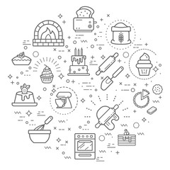 Simple Set of dessert and bakery Related Vector Line Illustration. Contains such Icons as cake,  flour, cupcake and tarte and Other Elements.  background color white