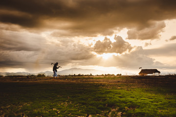 Hopeless and lonely Farmer carrying hoe and walking through his dry field at sunset. Global warming...