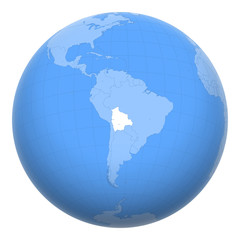 Bolivia on the globe. Earth centered at the location of the Plurinational State of Bolivia. Map of Bolivia. Includes layer with capital cities.